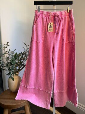 EASEL MINERAL WASHED TERRY KNIT PALAZZO PANTS 100% COTTON